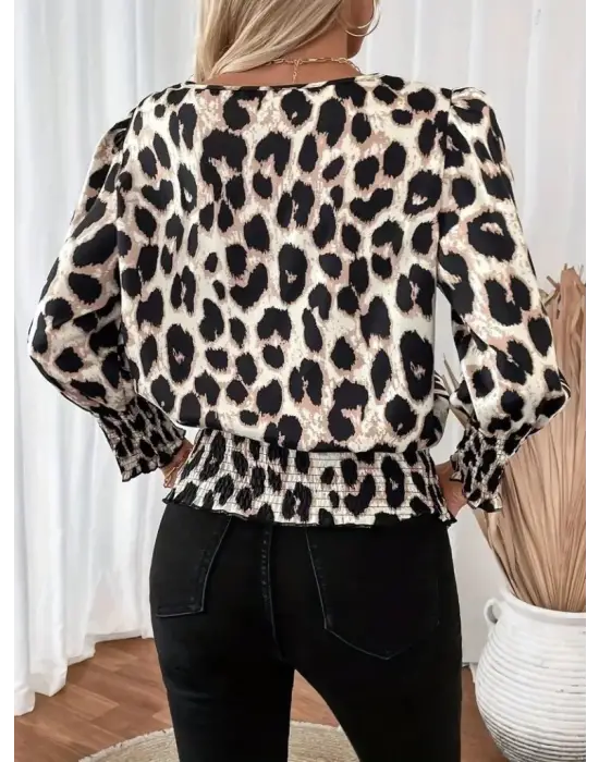 Kadın Uzun Kollu Bisiklet Yaka Leopar Desenli Modal Bluz