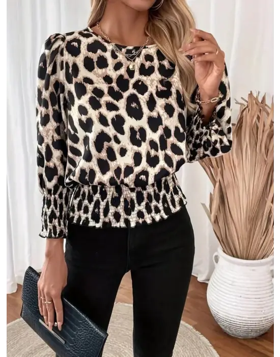 Kadın Uzun Kollu Bisiklet Yaka Leopar Desenli Modal Bluz
