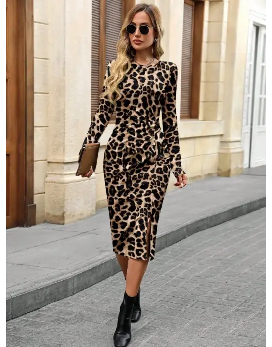 Kadın Uzun Kollu Bisiklet Yaka Leopar Desenli Modal Midi Elbise