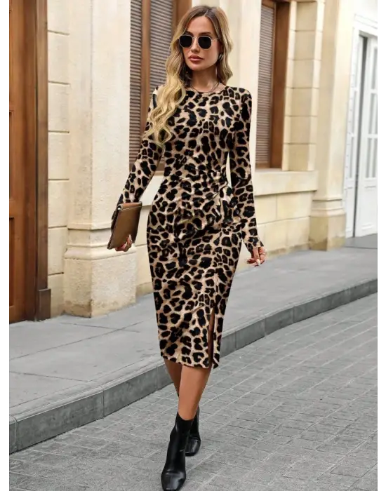 Kadın Uzun Kollu Bisiklet Yaka Leopar Desenli Modal Midi Elbise