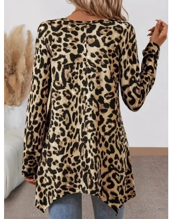 Kadın Uzun Kollu Bisiklet Yaka Leopar Desenli Süprem Bluz