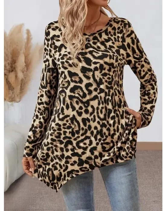 Kadın Uzun Kollu Bisiklet Yaka Leopar Desenli Süprem Bluz