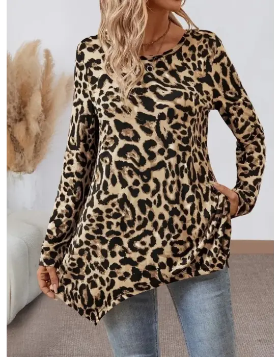 Kadın Uzun Kollu Bisiklet Yaka Leopar Desenli Süprem Bluz