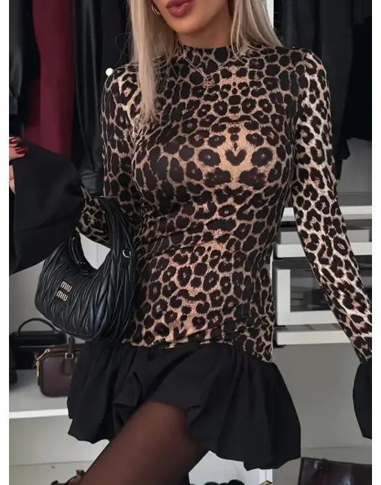 Kadın Uzun Kollu Bisiklet Yaka Leopar Desenli üst Modal Alt Trikoton Mini Elbise