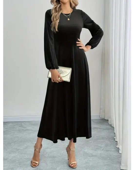 Kadın Uzun Kollu Bisiklet Yaka Midi Kadife Elbise