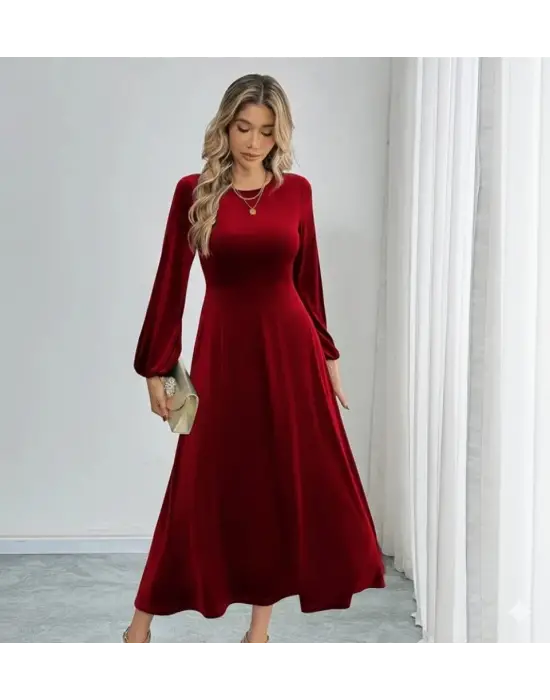 Kadın Uzun Kollu Bisiklet Yaka Midi Kadife Elbise