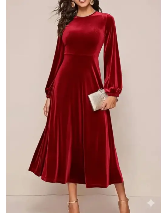 Kadın Uzun Kollu Bisiklet Yaka Midi Kadife Elbise