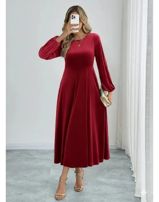 Kadın Uzun Kollu Bisiklet Yaka Midi Kadife Elbise