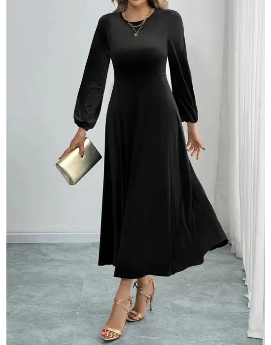 Kadın Uzun Kollu Bisiklet Yaka Midi Kadife Elbise