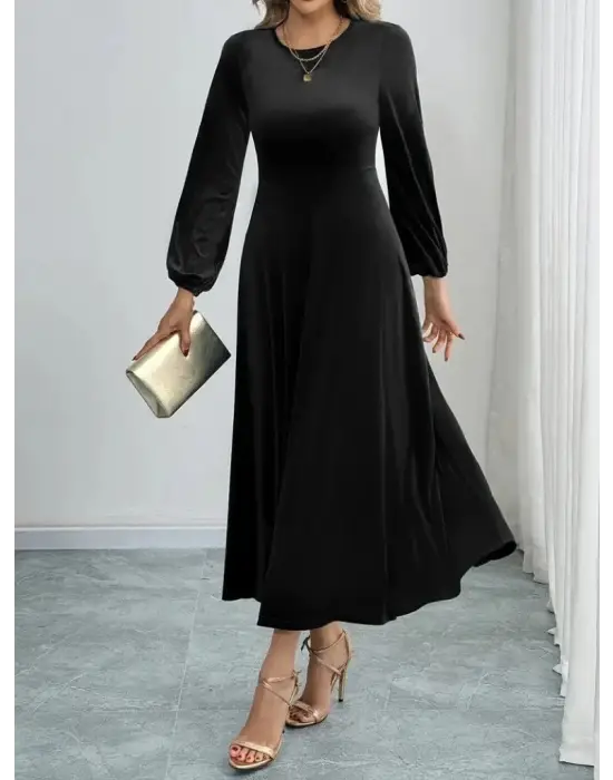 Kadın Uzun Kollu Bisiklet Yaka Midi Kadife Elbise