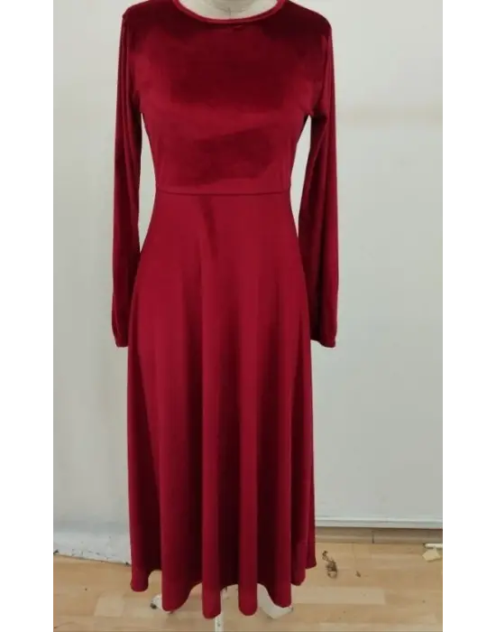 Kadın Uzun Kollu Bisiklet Yaka Midi Kadife Elbise