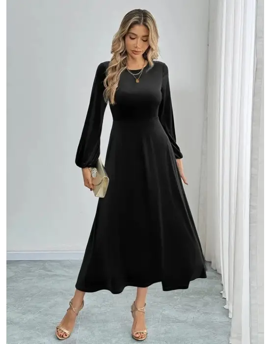 Kadın Uzun Kollu Bisiklet Yaka Midi Kadife Elbise