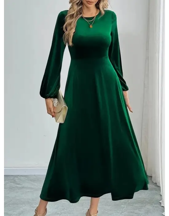 Kadın Uzun Kollu Bisiklet Yaka Midi Kadife Elbise