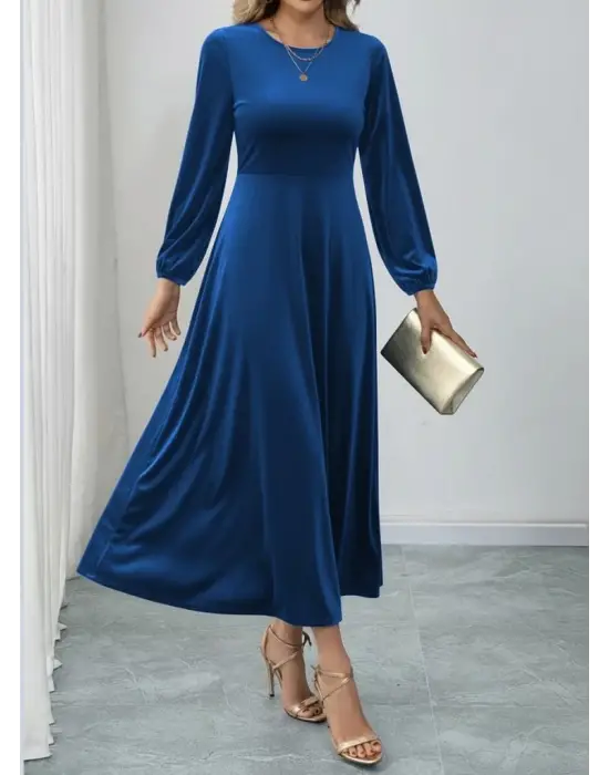 Kadın Uzun Kollu Bisiklet Yaka Midi Kadife Mavi Elbise