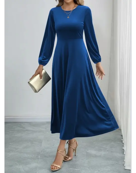 Kadın Uzun Kollu Bisiklet Yaka Midi Kadife Mavi Elbise