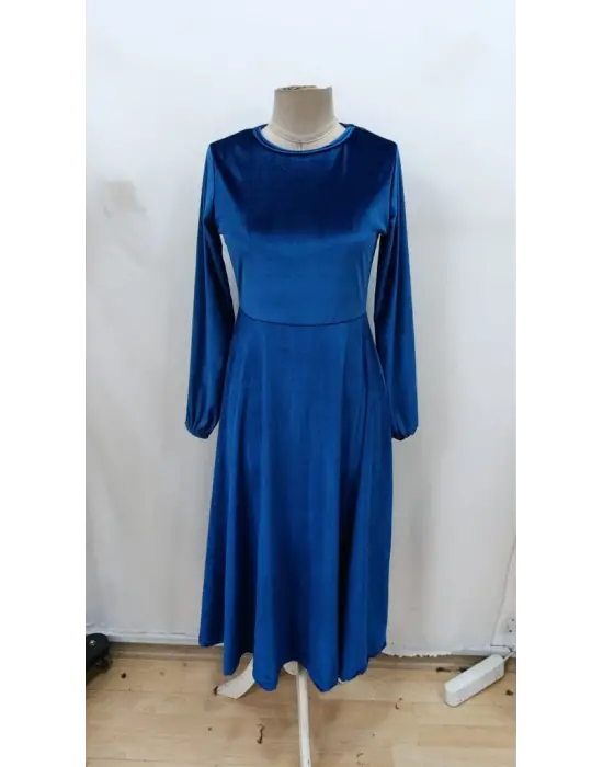 Kadın Uzun Kollu Bisiklet Yaka Midi Kadife Mavi Elbise