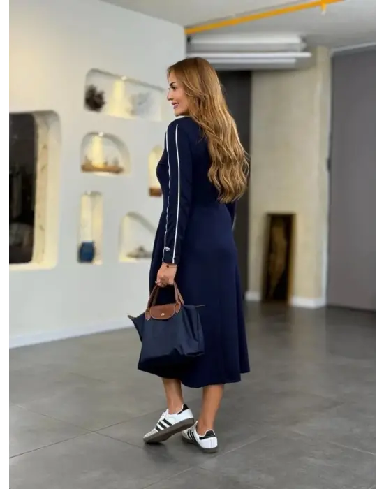 Kadın Uzun Kollu Bisiklet Yaka Midi Modal Elbise