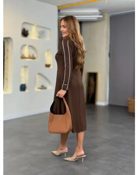 Kadın Uzun Kollu Bisiklet Yaka Midi Modal Elbise