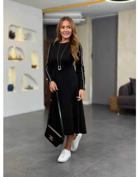 Kadın Uzun Kollu Bisiklet Yaka Midi Modal Elbise