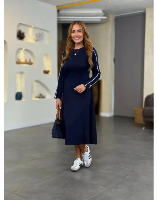 Kadın Uzun Kollu Bisiklet Yaka Midi Modal Elbise