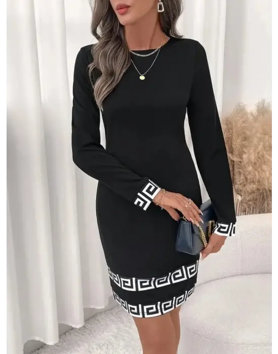 Kadın Uzun Kollu Bisiklet Yaka Mini Ithal Krep Elbise