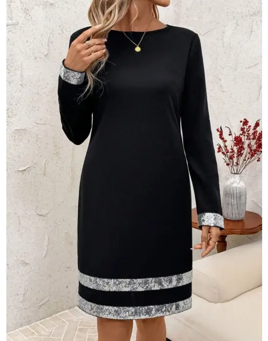 Kadın Uzun Kollu Bisiklet Yaka Mini Ithal Krep Elbise