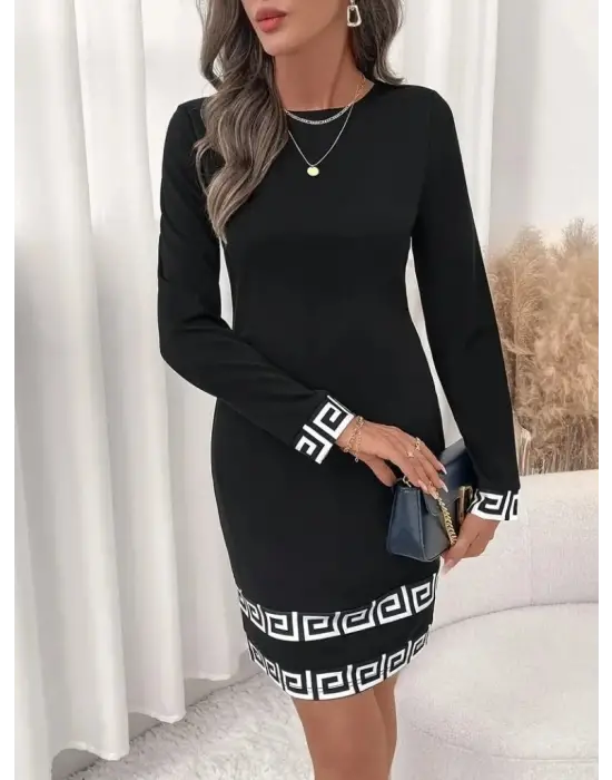 Kadın Uzun Kollu Bisiklet Yaka Mini Ithal Krep Elbise