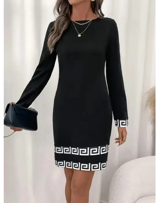 Kadın Uzun Kollu Bisiklet Yaka Mini Ithal Krep Elbise