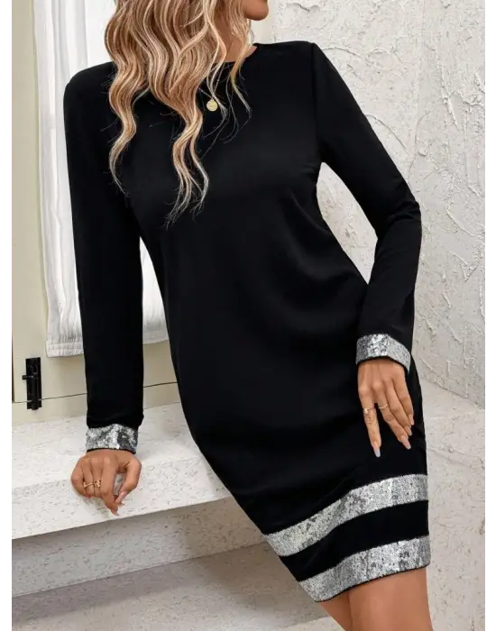 Kadın Uzun Kollu Bisiklet Yaka Mini Ithal Krep Elbise