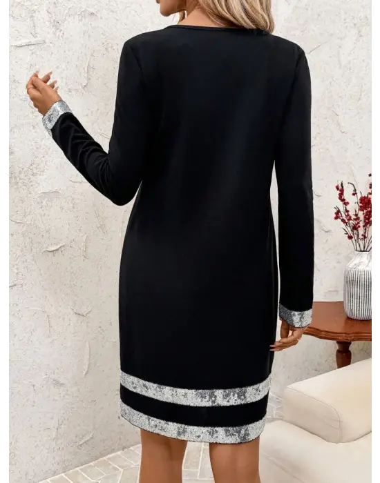 Kadın Uzun Kollu Bisiklet Yaka Mini Ithal Krep Elbise