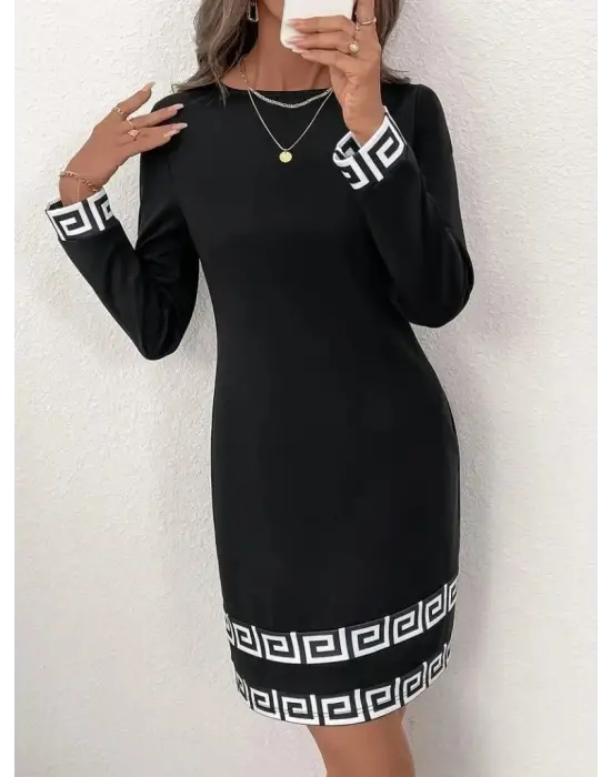 Kadın Uzun Kollu Bisiklet Yaka Mini Ithal Krep Elbise