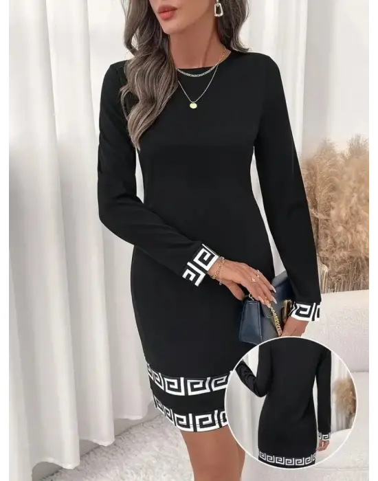 Kadın Uzun Kollu Bisiklet Yaka Mini Ithal Krep Elbise