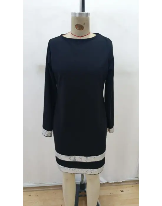 Kadın Uzun Kollu Bisiklet Yaka Mini Ithal Krep Elbise