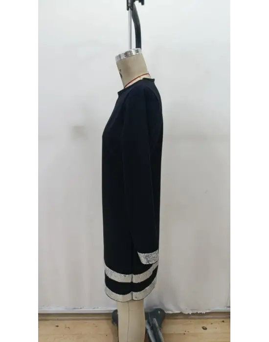 Kadın Uzun Kollu Bisiklet Yaka Mini Ithal Krep Elbise