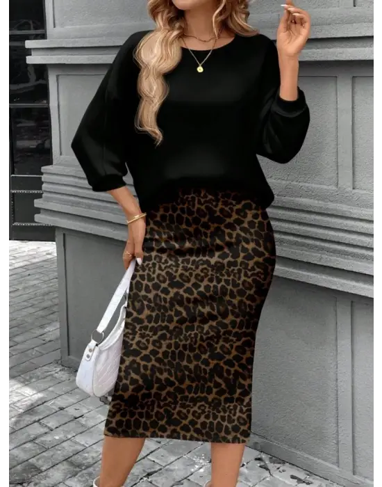 Trend Bisiklet Yaka Modal Bluz ve Leopar Desenli Etek Takımı
