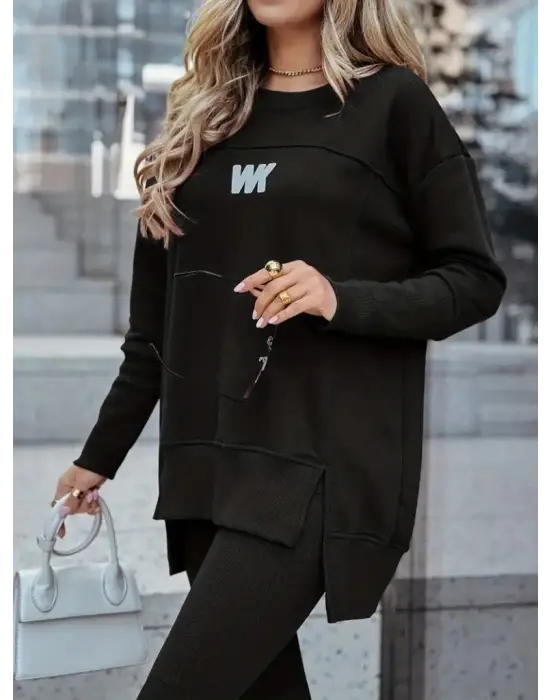 Şık Kadın Bisiklet Yaka İki Iplik Pantolon Takımı