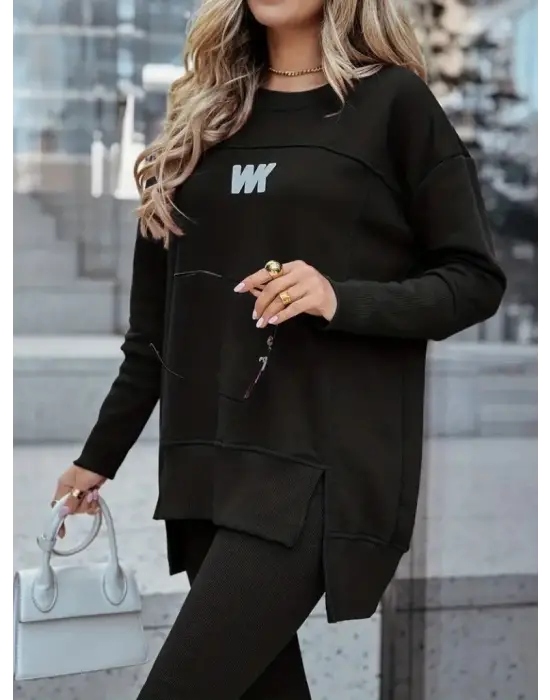 Kadın Uzun Kollu Bisiklet Yaka Nervurlu Viskon Iki Iplik Ve Tayt Pantolon Ikili Takım