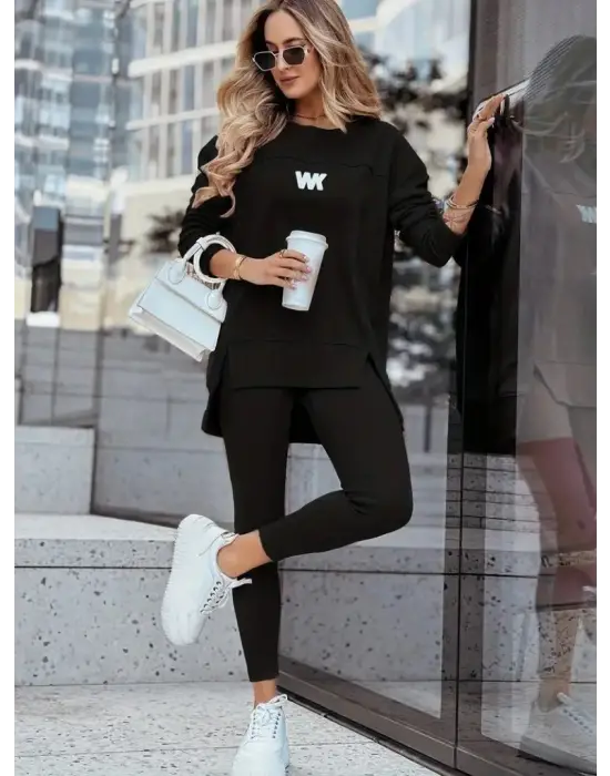 Şık Kadın Bisiklet Yaka İki Iplik Pantolon Takımı