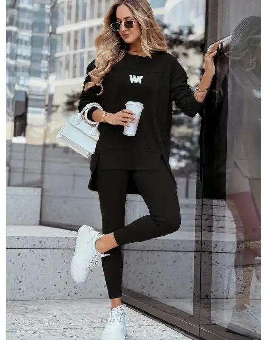 Kadın Uzun Kollu Bisiklet Yaka Nervurlu Viskon Iki Iplik Ve Tayt Pantolon Ikili Takım