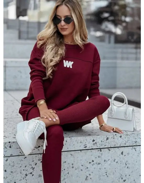 Kadın Uzun Kollu Bisiklet Yaka Nervurlu Viskon Iki Iplik Ve Tayt Pantolon Ikili Takım