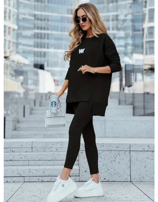 Kadın Uzun Kollu Bisiklet Yaka Nervurlu Viskon Iki Iplik Ve Tayt Pantolon Ikili Takım
