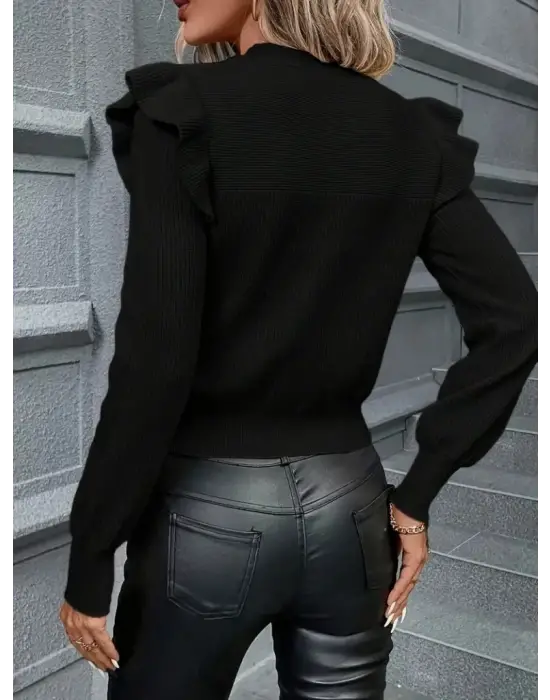 Kadın Uzun Kollu Bisiklet Yaka Omuzları Fırfırlı Triko Bluz