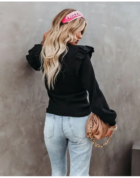 Kadın Uzun Kollu Bisiklet Yaka Omuzları Fırfırlı Triko Bluz