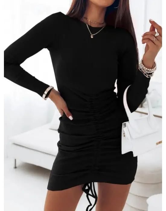 Kadın Uzun Kollu Bisiklet Yaka ön Büzgülü Kaşkorse Elbise