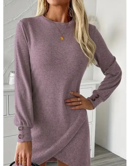 Kadın Uzun Kollu Bisiklet Yaka önden Asimetrik Kesim Detaylı Mini Yumoş Elbise