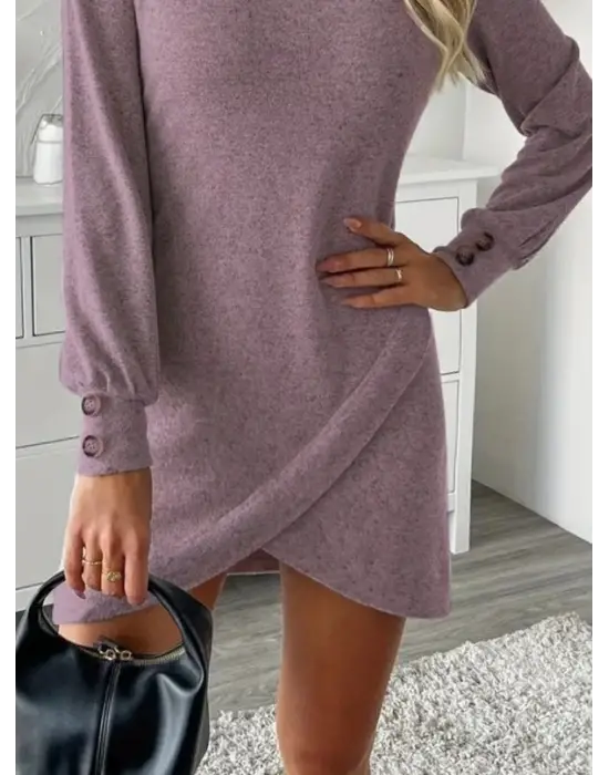 Kadın Uzun Kollu Bisiklet Yaka önden Asimetrik Kesim Detaylı Mini Yumoş Elbise