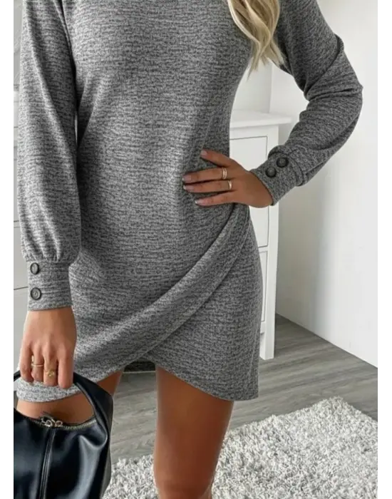 Kadın Uzun Kollu Bisiklet Yaka önden Asimetrik Kesim Detaylı Mini Yumoş Elbise