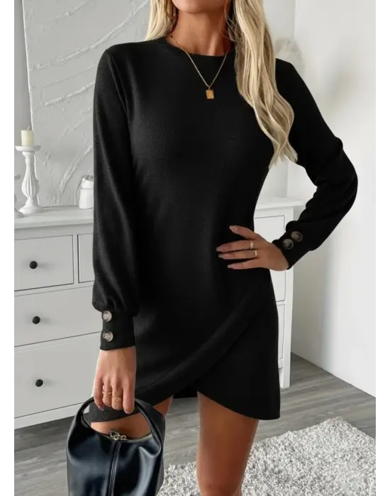 Kadın Uzun Kollu Bisiklet Yaka önden Asimetrik Kesim Detaylı Mini Yumoş Elbise