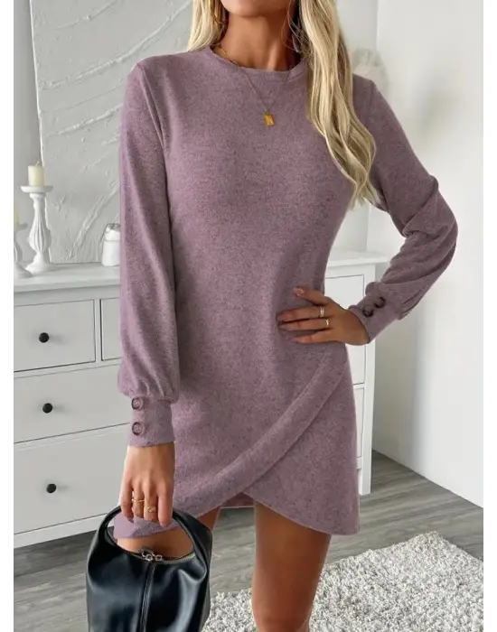 Kadın Uzun Kollu Bisiklet Yaka önden Asimetrik Kesim Detaylı Mini Yumoş Elbise