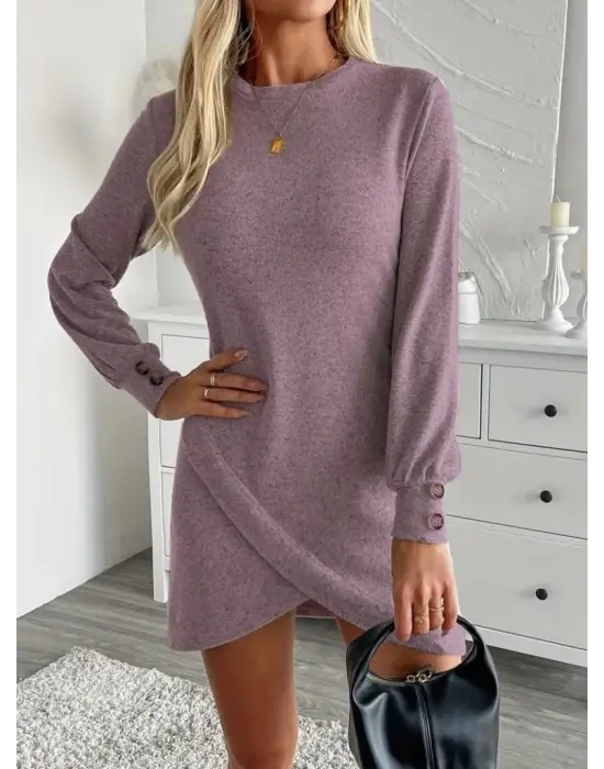 Kadın Uzun Kollu Bisiklet Yaka önden Asimetrik Kesim Detaylı Mini Yumoş Elbise